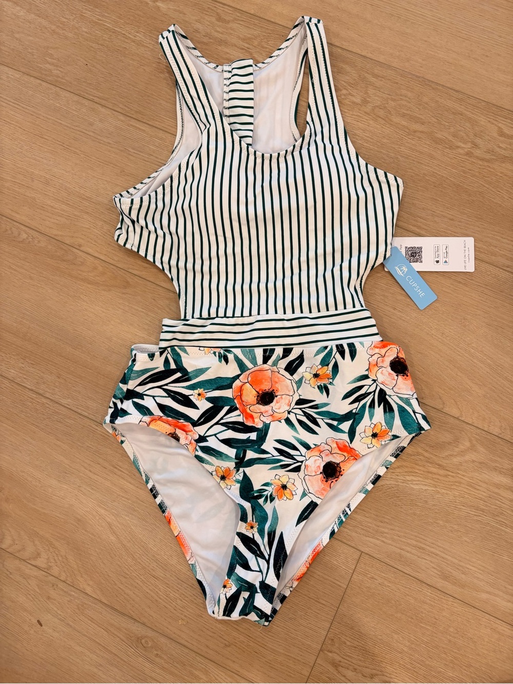 Cupshe White & Green Striped One-Piece with Orange Floral Bottom